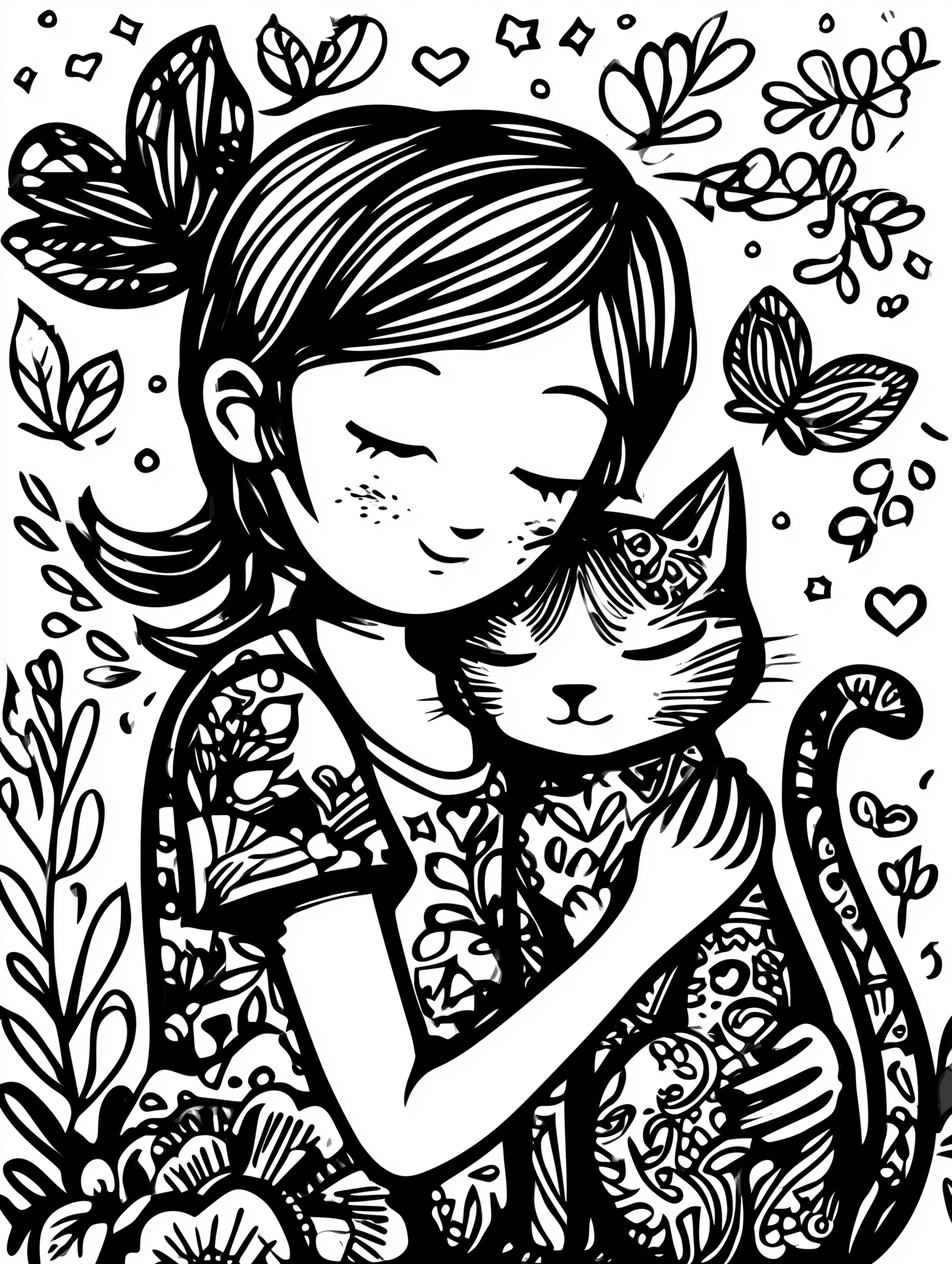 Free printable coloring page for your mom featuring a young mother hugging a cat